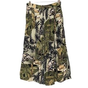 Vintage 100%rayon tropical safari print olive green button down maxi skirt large